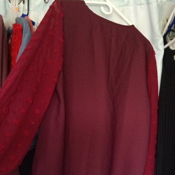 🌠 #98 Maroon Blouse w/ Sheer Clip Dot Sleeves - Picture 4 of 4